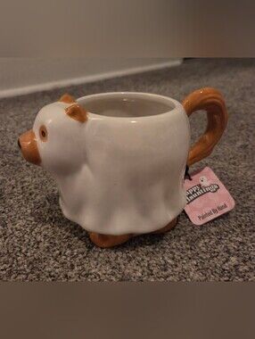 White & Brown Ghost Dog Ceramic Mug Halloween Handpainted Design